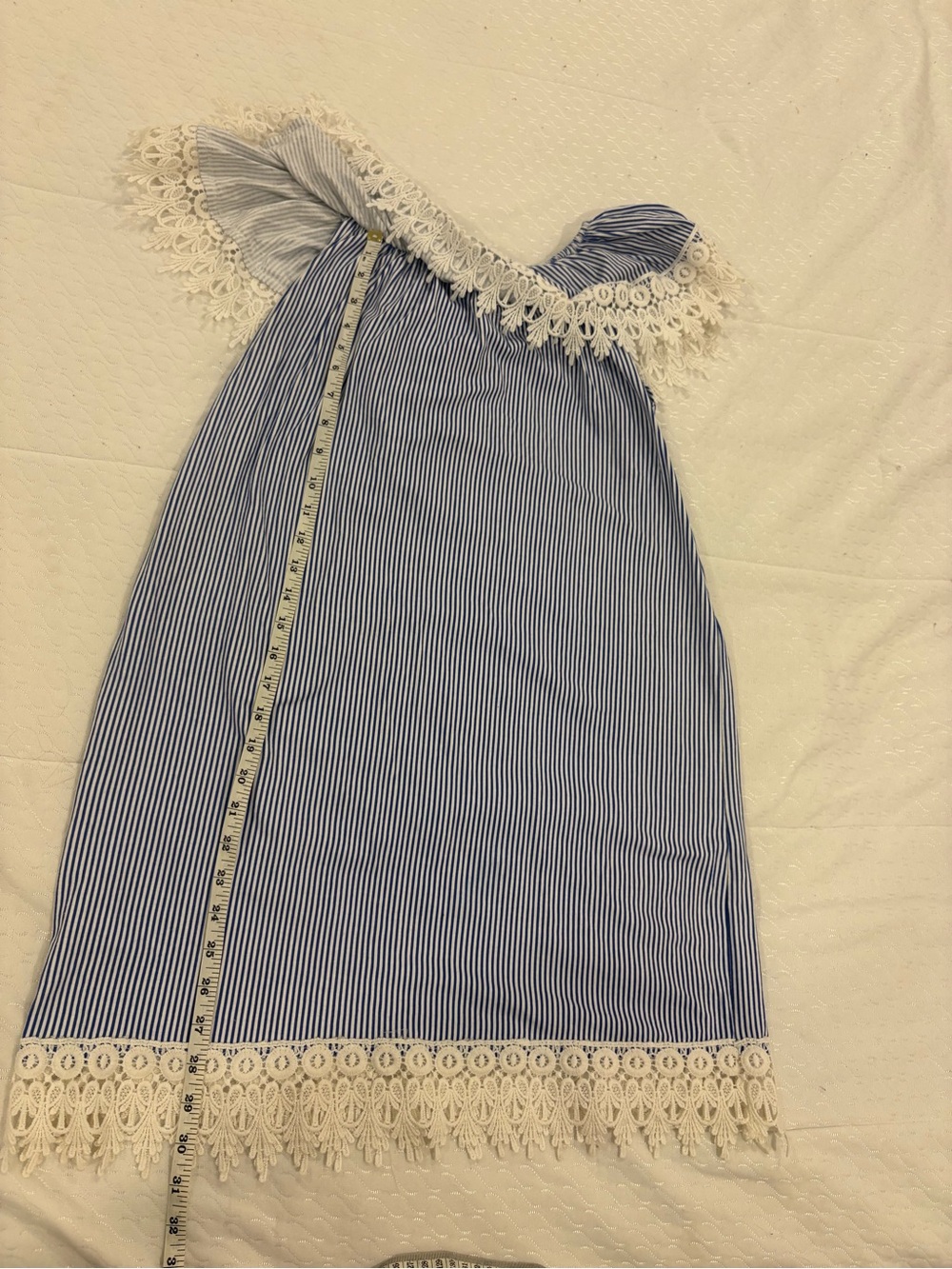 Blue & White Striped Off-Shoulder Mini Dress Size M – Lace Trim - Picture 4 of 5